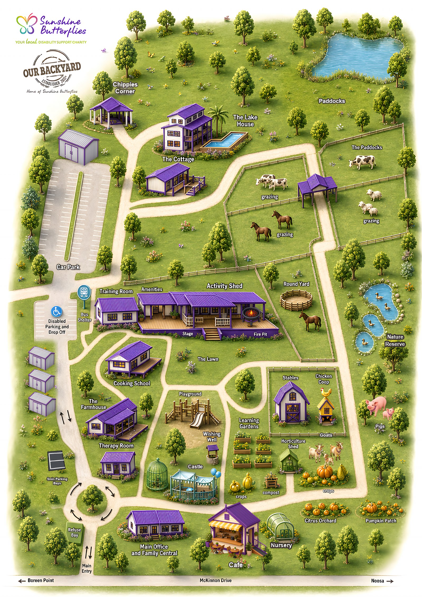 Illustrated map of the farm showing barns, orchard, pond, pastures and walking paths